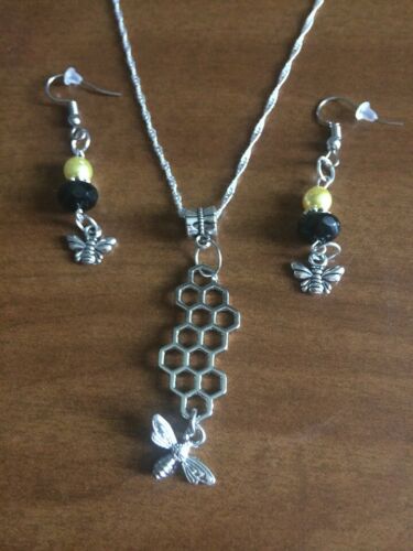 Bumble Bee Honeycomb Sterling Silver Chain/Bee Earring